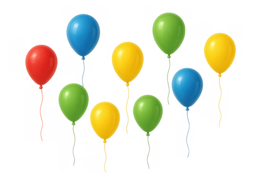 Colorful birthday balloons floating for celebration and party decoration, festive air elements on transparent background