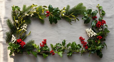 Festive christmas garland with red berries and white flowers on wood