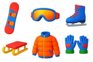 Collection of winter sports gear including a snowboard, skis, and snow goggles