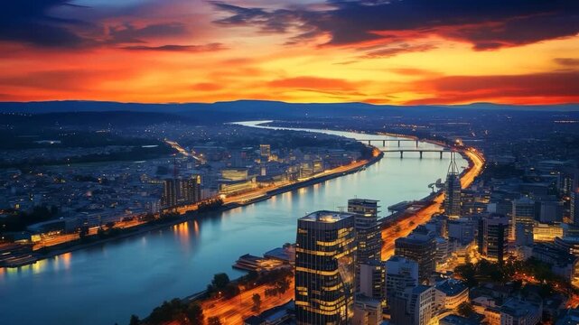 City skyline with glowing sunset river  