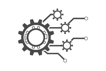 A Gear Connected to Three Circuit Elements Illustrates Technological Connectivity on White