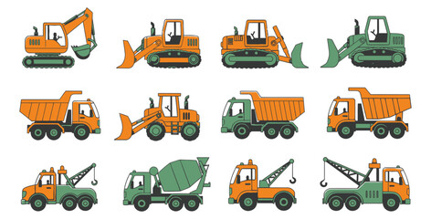 Collection of construction vehicles including excavators trucks and cement mixers