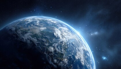 Fototapeta premium Photography Of A Realistic Earth-Like Planet With A Blue Atmosphere And Space Background. Stunning Images Of The Cosmos.