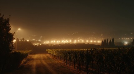 Night Fog Envelops Vineyard With Warm Golden Highlights Creating a Cinematic Atmosphere