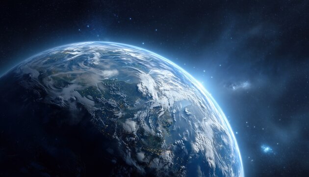 Photography Of A Realistic Earth-Like Planet With A Blue Atmosphere And Space Background. Stunning Images Of The Cosmos.