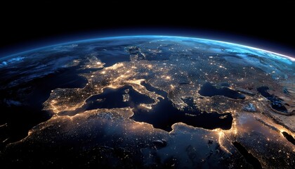 Obraz premium Stunning Views Of Africa, Europe, And Asia At Night From Space With City Lights: Italy, Germany, France, Spain, And More!