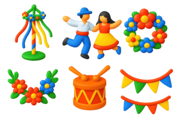 Set of colorful figures and decorations, including a man and woman dancing
