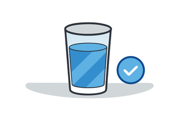 A glass filled with refreshing blue water stands near a blue check mark on the floor