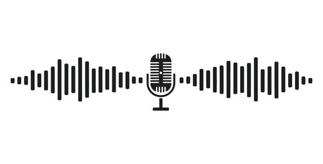 Microphone with sound wave graphic representing audio recording and podcasting media