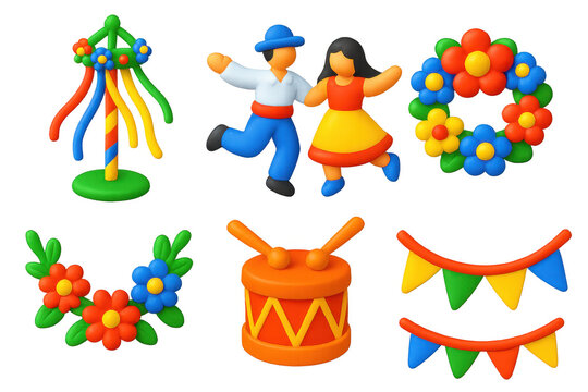 Set of colorful figures and decorations, including a man and woman dancing