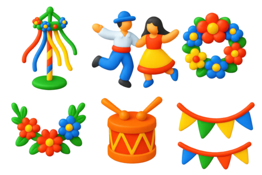 Set of colorful figures and decorations, including a man and woman dancing