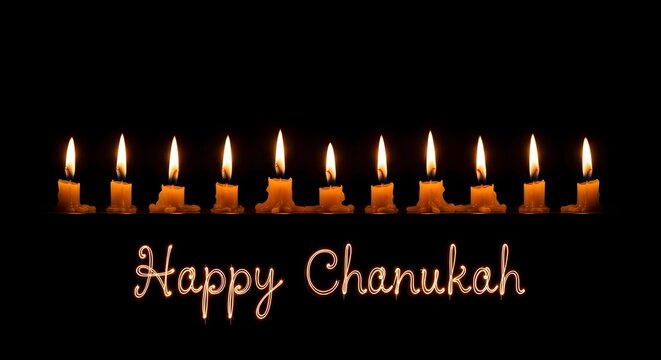 Row of lit chanukah candles with happy chanukah message