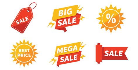 Collection of vibrant sale badges and banners for promotional marketing campaigns