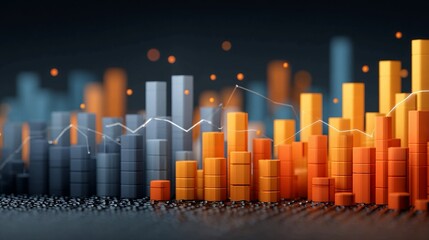 Dynamic 3D financial charts with upward trends and data analysis visualized, perfect for modern business presentations and economic insights.