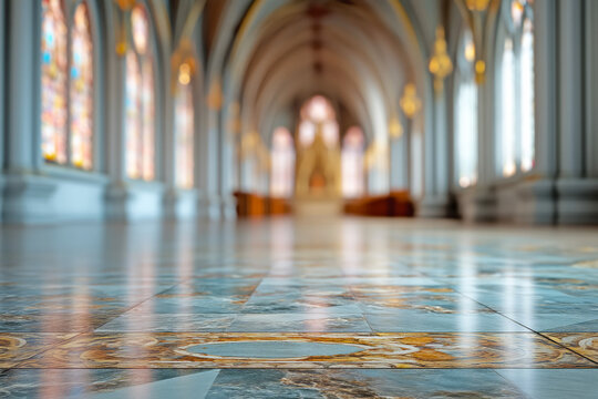 Elegant cathedral interior with polished marble floor and softly blurred arches and stained glass forming a serene atmospheric architectural background