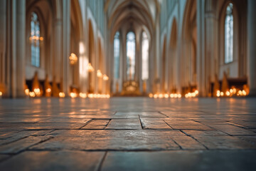 Obraz premium Historic stone cathedral interior with soft candlelight bokeh and blurred arches forming a warm sacred atmosphere with textured floor foreground