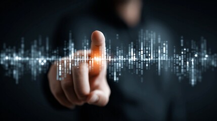 Professional hand interacting with dynamic digital data visualization, representing futuristic technology and information analysis in a modern interface.