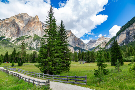 Picturesque tourist hiking trail in the Dolomites in summer