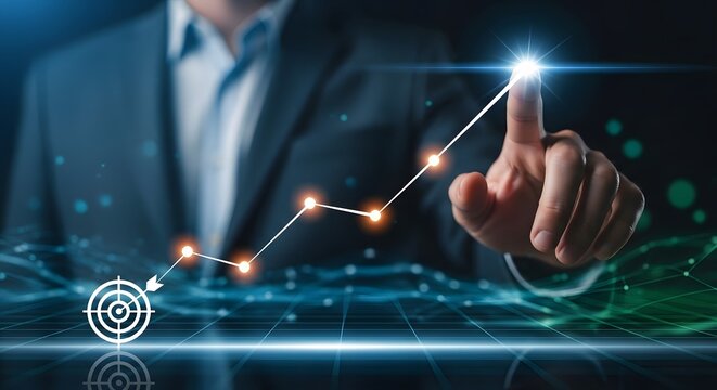 Businessman s finger points to a glowing upward trend line graph indicating success
