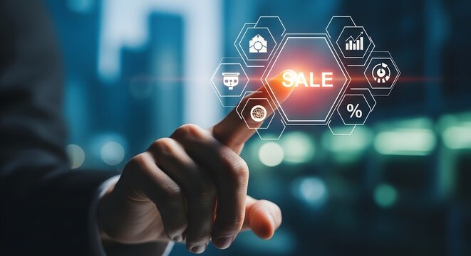 Hand touching glowing digital interface with sale icon and business icons