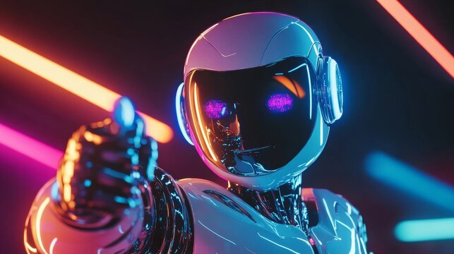 A sleek robot character illuminated by vibrant neon lights, showcasing a modern design and interactive pose.