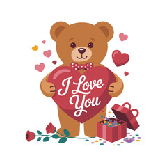 Cute Teddy Bear Holding Heart with I Love You Message, Roses and Gift Box – Valentine Love Illustration