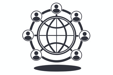 A globe sits at the center, surrounded by human profile icons connected by lines