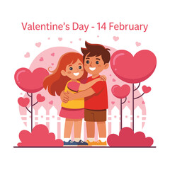 Cute Valentine’s Day Kids Illustration with Heart Garden and Hugging Couple