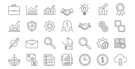Business and finance line icons representing growth strategy and market analysis tools