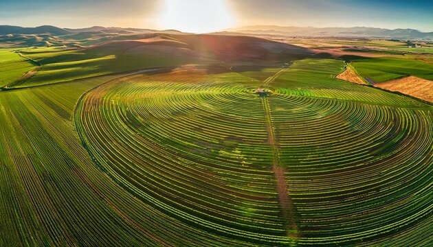 Aerial View Of Cultivated Fields With Circular Irrigation Patterns