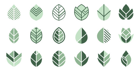 Collection of various green leaf icons and logos for eco friendly business branding use