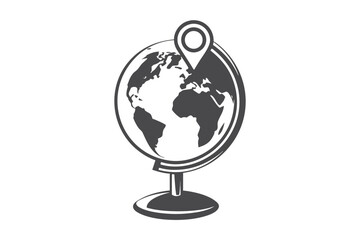 A gray globe is marked with a location pointer displaying countries and continents