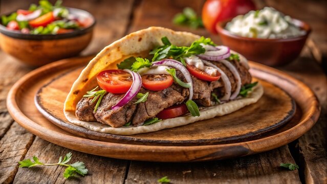 Grilled lamb gyro served on a wooden plate showcases delicious, rustic flavors. Rustic grilled lamb gyro includes fresh ingredients, tasty herbs, ripe tomato slices, and thinly sliced red onions.