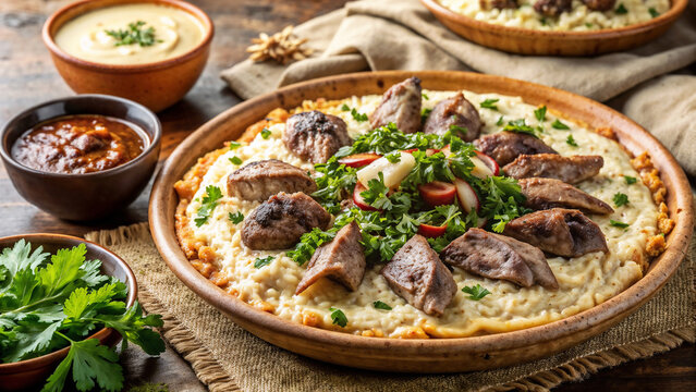 Exquisite Jordanian mansaf served with jameed sauce showcased on rustic wooden table, creating culinary delight. Jordanian mansaf includes tender lamb and flavorful jameed sauce.