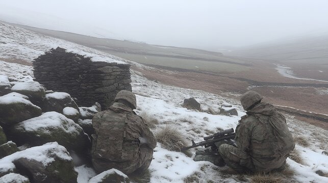 Two adult Caucasian male soldiers in camouflage uniforms are positioned on a snowy hillside, one aiming a scoped rifle