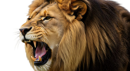 Close-up profile of a male lion roaring with mouth wide open showing teeth and tongue isolated on a transparent background