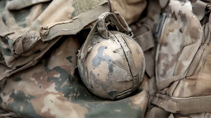 A dirty, tan grenade rests on worn camouflage military gear