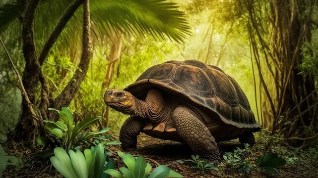 Giant tortoise walking in rainforest 