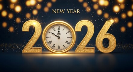 Fototapeta premium Golden 2026 numbers with clock and bokeh lights