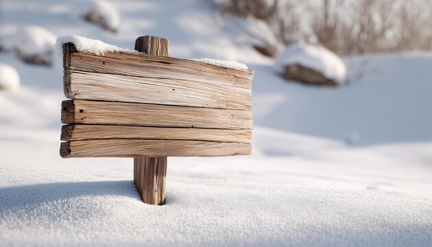 Snow-Covered Wooden Signboard In A Winter Wonderland. Signage Made Of Wood Is Blanketed In White Snow, Creating A Picturesque Scene. - Powered by Adobe
