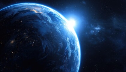 Glowing Light And Blue Planet Amidst Dark Outer Space: A Spectacular Sight In The Vastness Of The Universe.