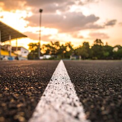 Close-up of a road's white line at sunset, asphalt blurred