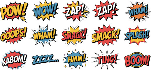 Comic sound effect illustration set, colorful action words, pop art style, dynamic expression graphics, cartoon impact design © Mst