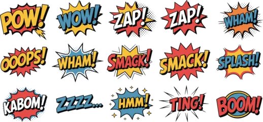 Fotobehang Pop Art Comic sound effect illustration set, colorful action words, pop art style, dynamic expression graphics, cartoon impact design  © Mst