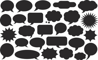 Comic speech and thought bubble set, black outline shapes, starburst exclamation icons, graphic storytelling design elements