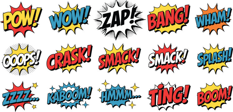 Fototapeta Comic sound effect illustration set, colorful onomatopoeia graphics, pop art action bursts, cartoon expression design elements