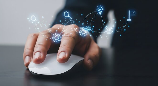 Unlocking innovation through digital interaction Hand operating computer mouse with glowing interconnected icons symbolizing ideas, search, and technological progress