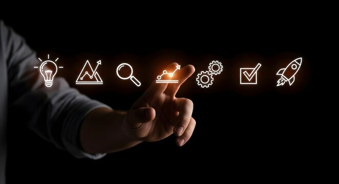 Hand interacting with digital icons representing business growth and project planning, conceptualizing progress and development
