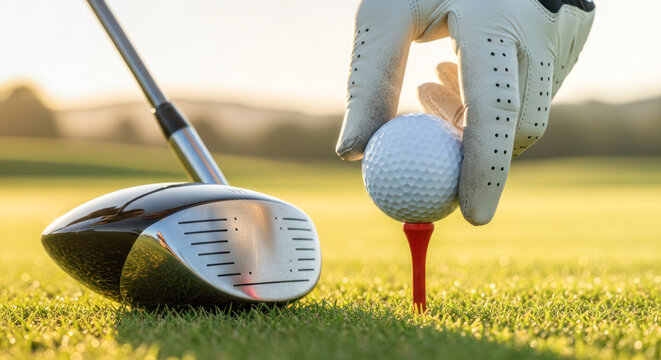Golfer preparing to tee off with a driver club, placing a white golf ball on a red tee in a lush green field during golden hour