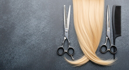 Hairdressing tools including scissors and comb arranged around long blonde hair on textured surface, showcasing professional styling equipment and artistry